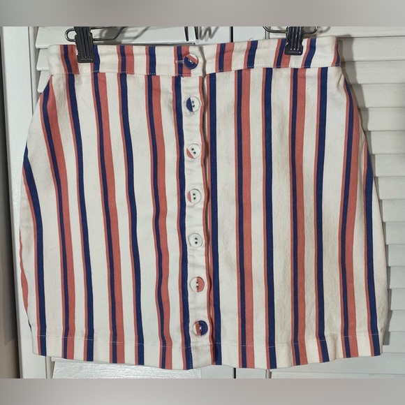 Forever 21 Dresses & Skirts - Forever 21 Striped Stretch Button Front Mini Skirt, Sz M, Beige w/Blue & Coral